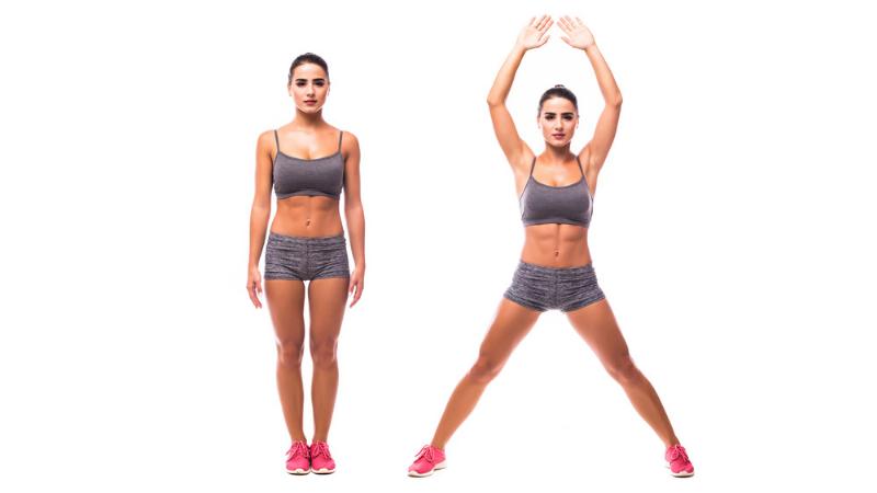 Hình ảnh minh họa động tác jumping jack giúp tăng nhịp tim, tư thế tay chân khi dang ra